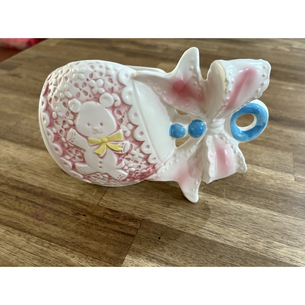Vintage Napco Ceramic Nursery Planter Baby Rattle With Pink Bow 6"